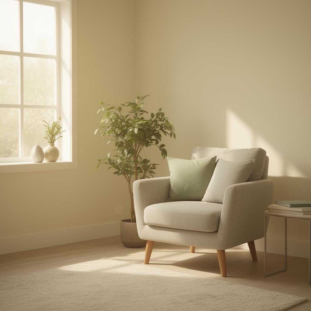 A calm, sunlit therapy room with a soft armchair and plant